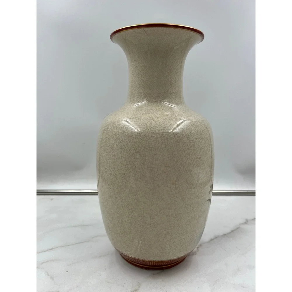 Toyo Japan Kutani Satsuma Hand Painted Crackle Glaze Floral Butterfly Vase Gold